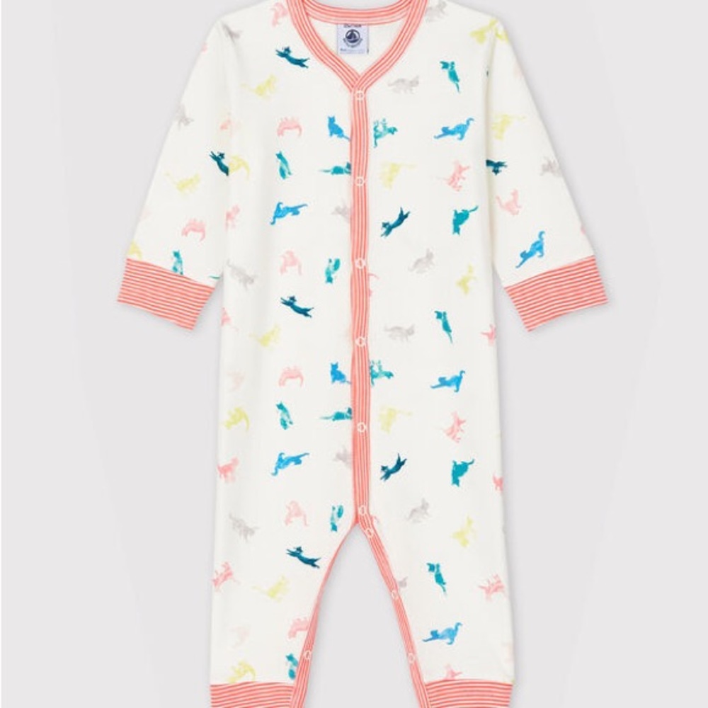 Petit Bateau White and Multicolor Cats Baby Footie